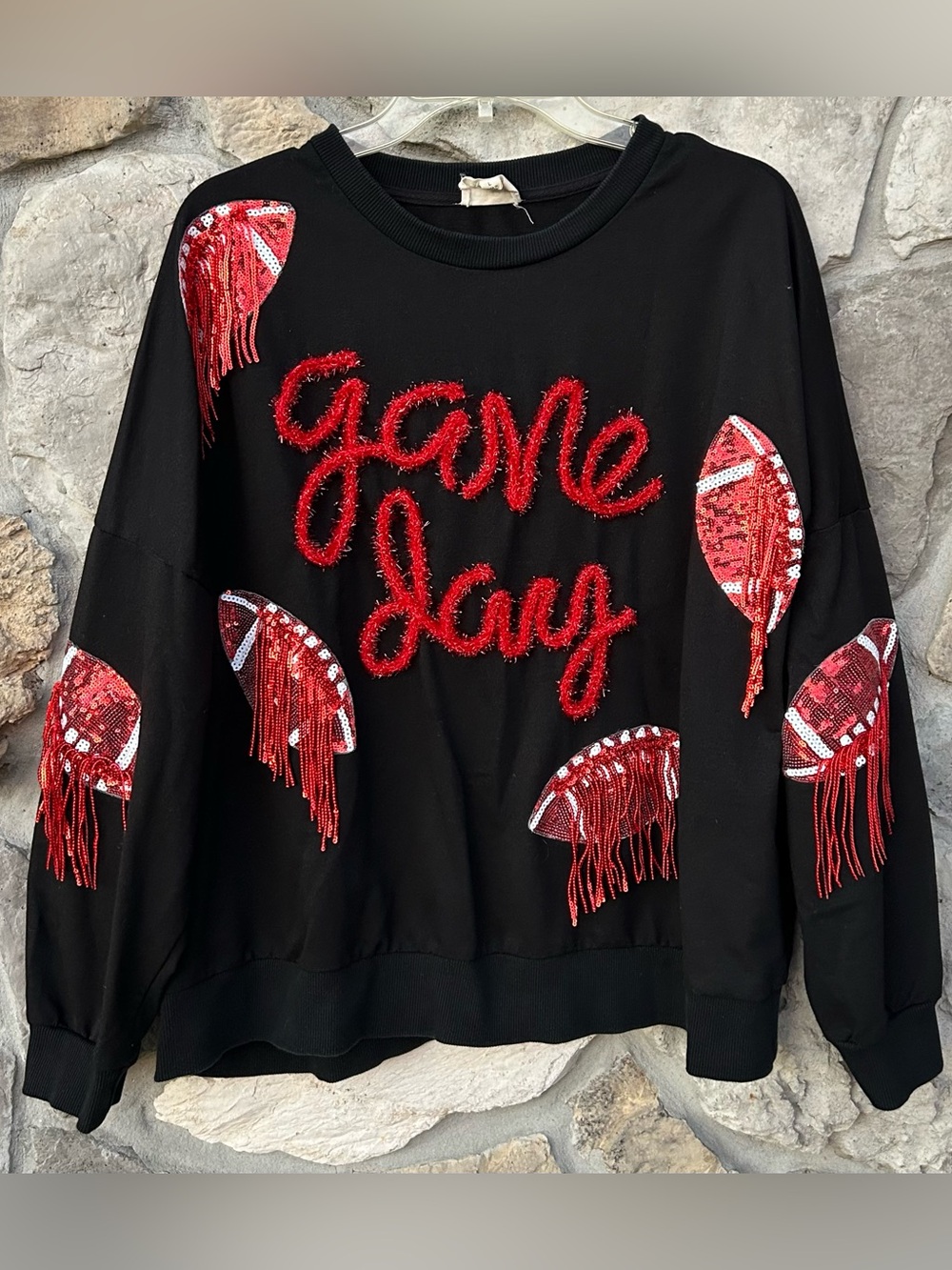 Bibi Game Day Sweater LG Football Sweatshirt Black Red Sequin Falcons Buccaneers